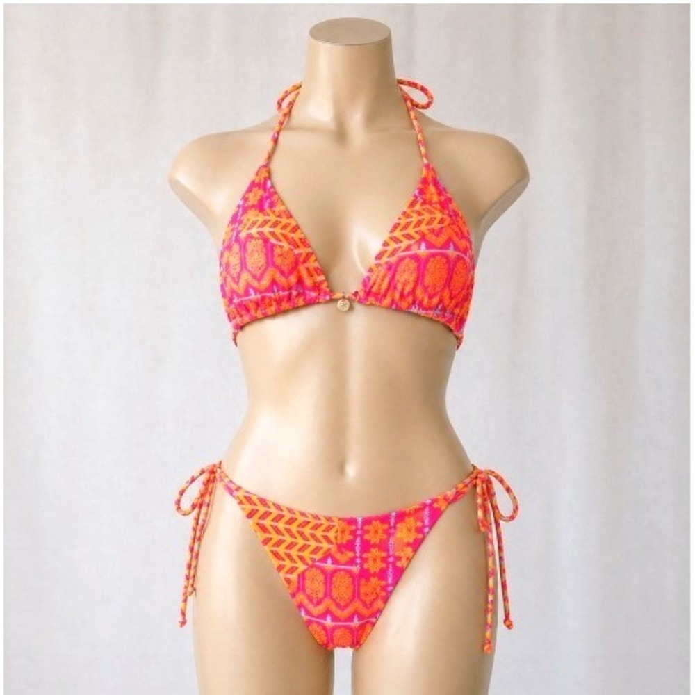 Air Space Orange Bohemian Patchwork Print 2 Tie Piece Bikini Swim Suit L